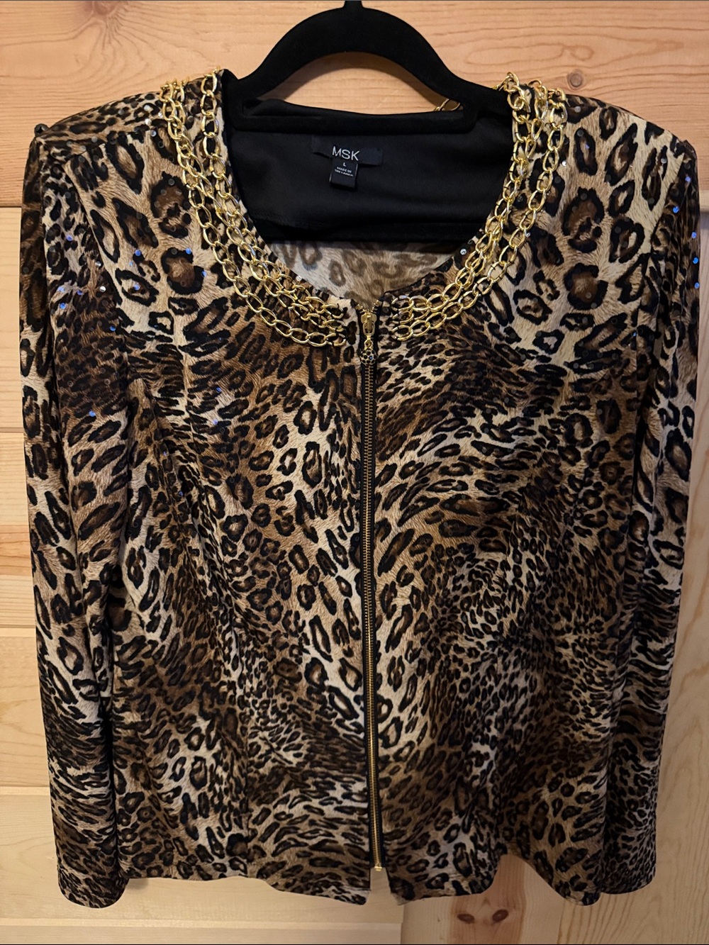 MSK Gold-Trim Leopard Zip Jacket